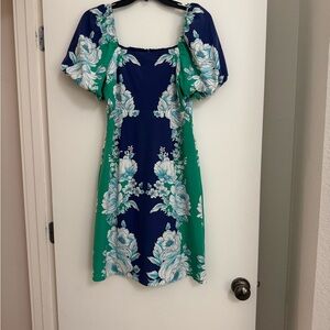 Chic puff sleeve Floral border print Mini Dress in Blue and Green.  Size 4.